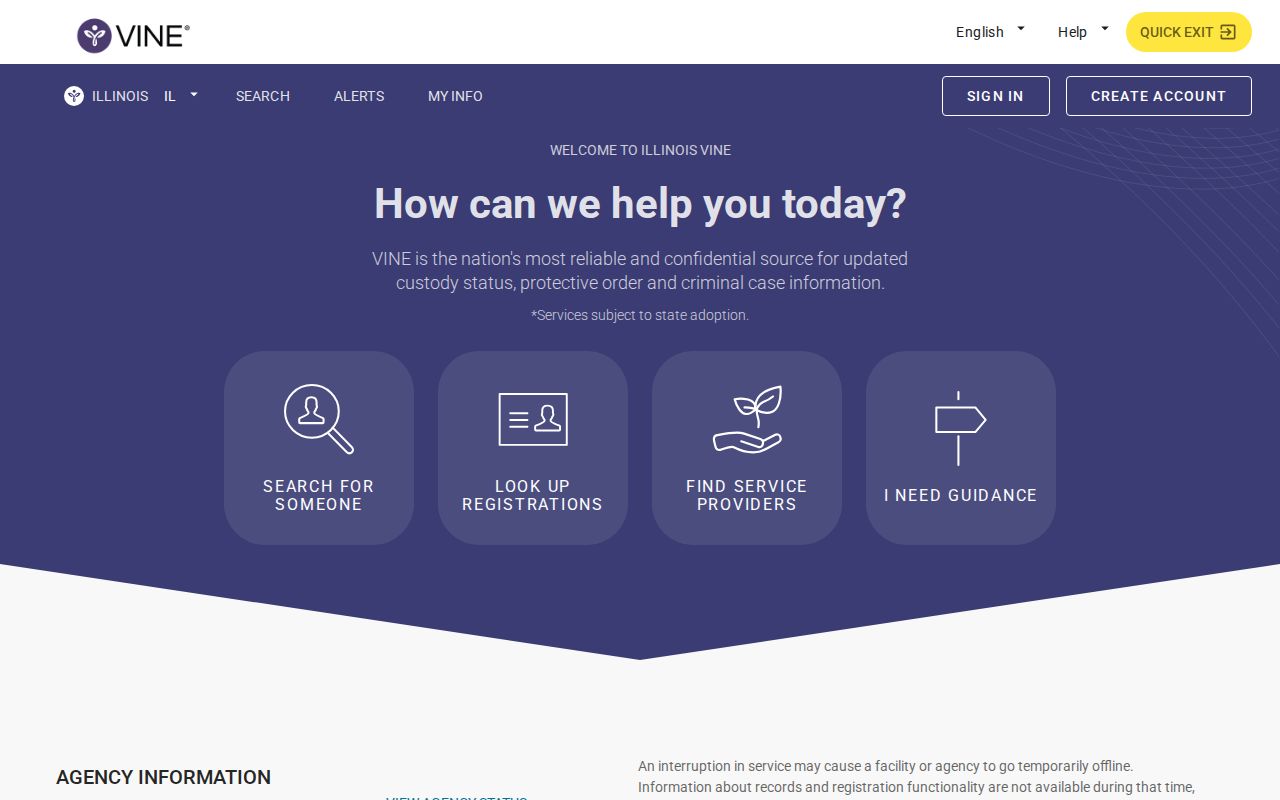 Illinois VINE custody and case search screen