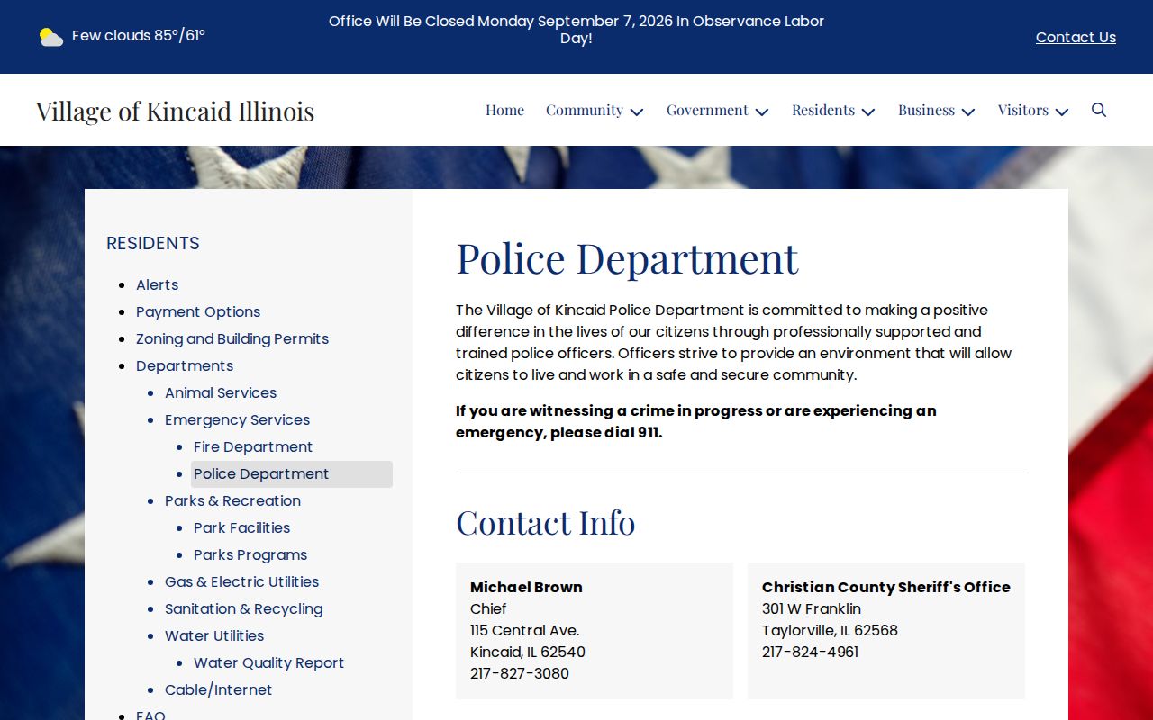 Kincaid Police Department webpage showing the Christian County Sheriff contact route