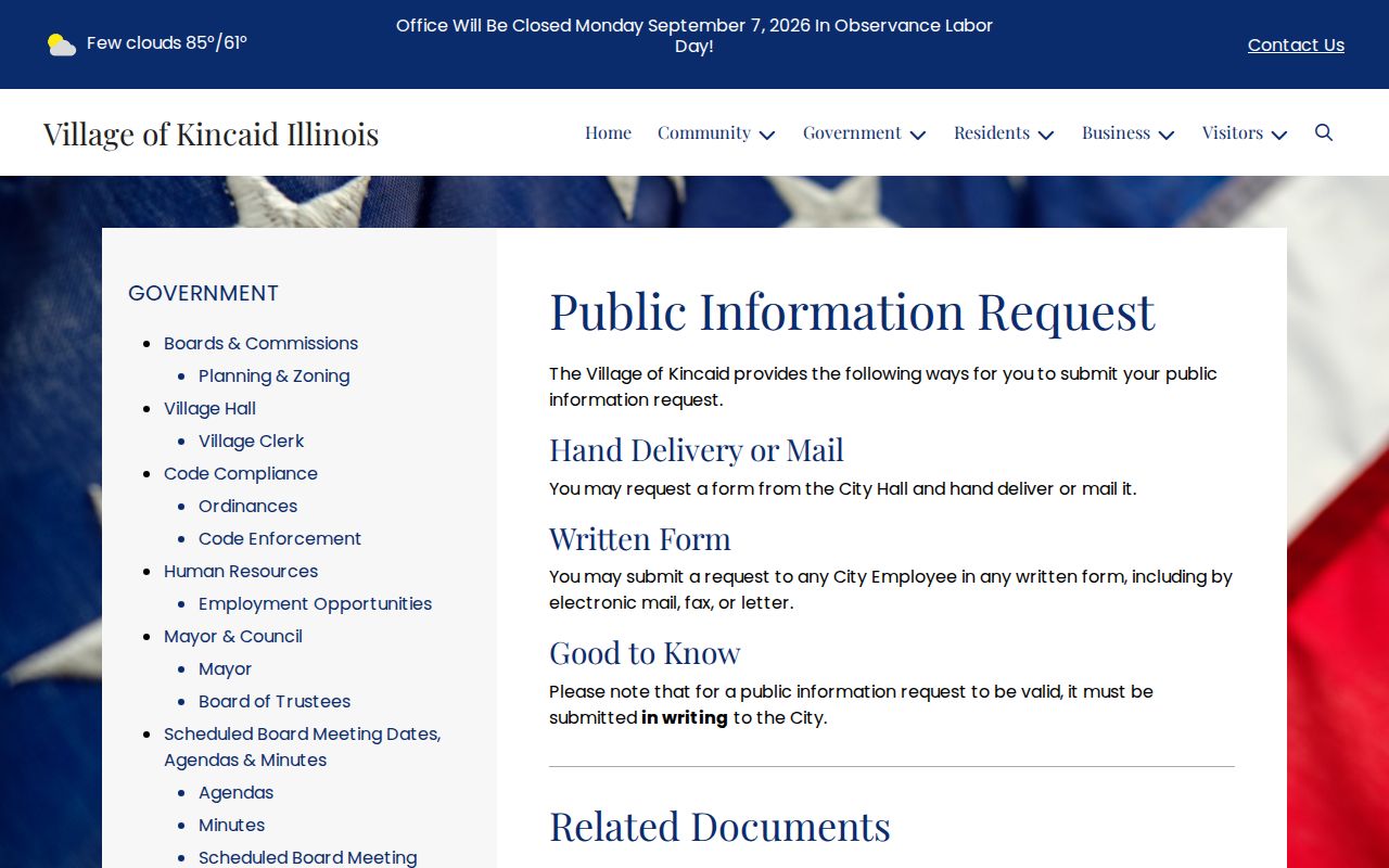 Village of Kincaid public information request webpage with written FOIA instructions