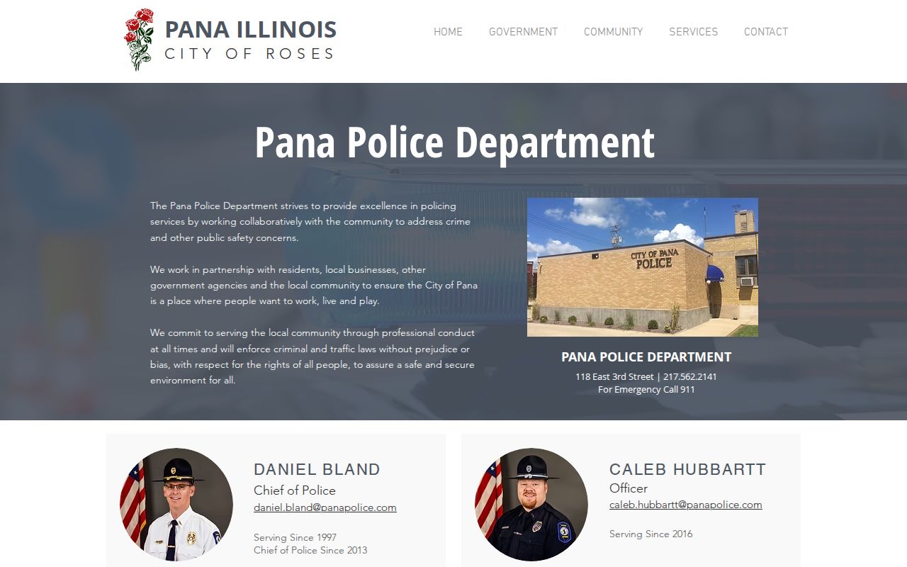 Official Pana Police Department webpage showing agency contact information